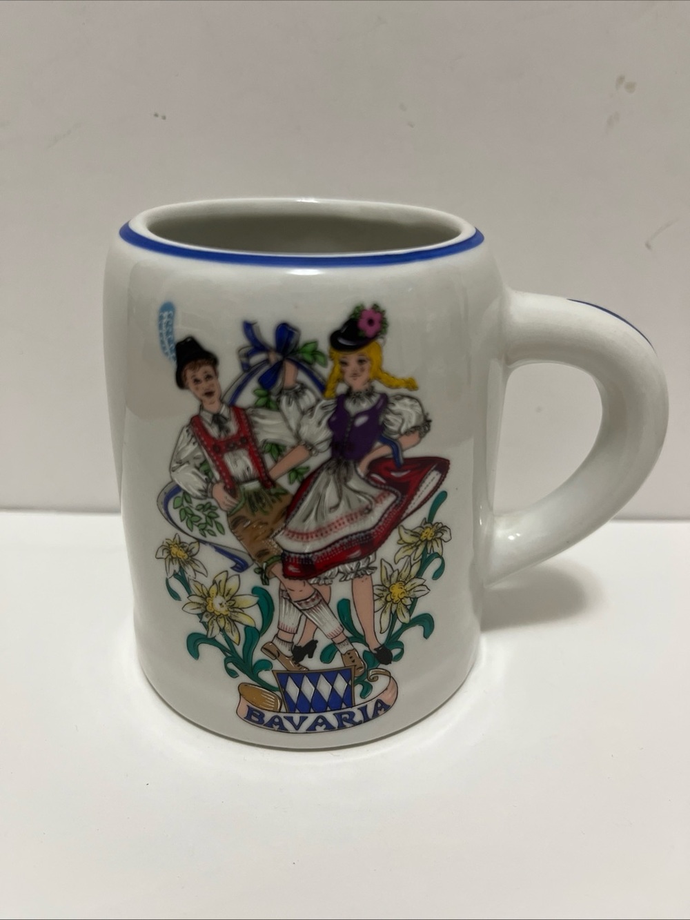 Bavaria Ceramic Beer Stein Mug in White with Blue Trim